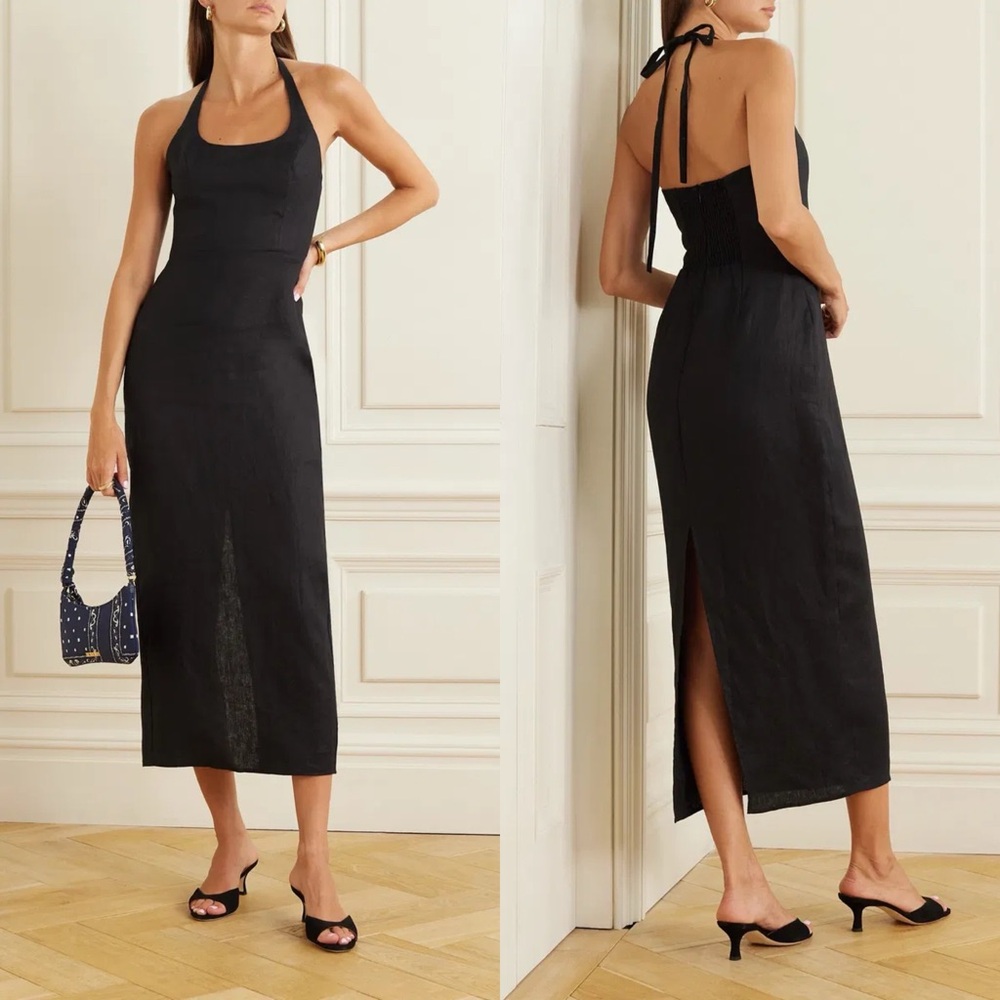 NWT Reformation Yana Linen Halter Dress Black